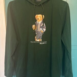 Ralph Lauren Green Polo Bear Long Sleeved Hooded T-Shirt Size LG 100% Cotton